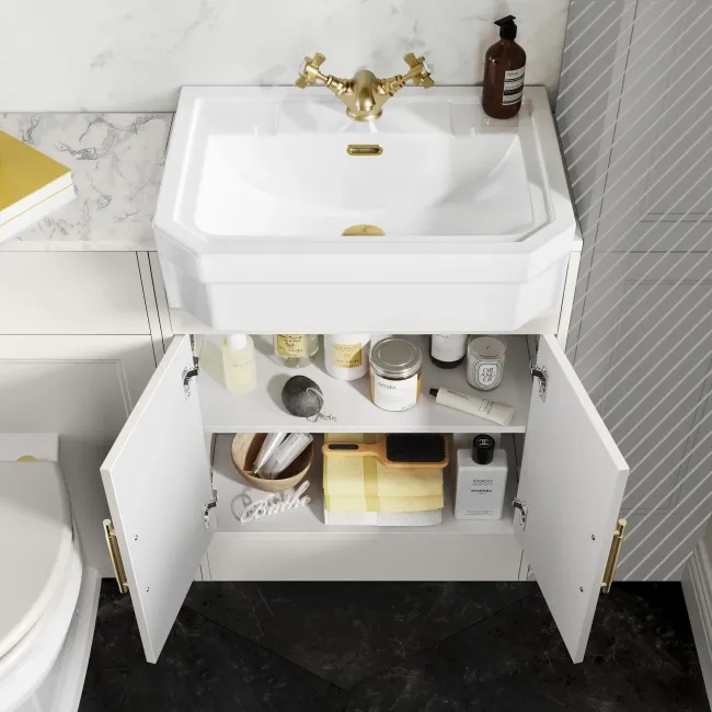 Monaco Cotton White Combination Vanity Traditional Basin with Marble Top & Hudson Toilet with Wooden Seat 1200mm - Brass Knurled Handles