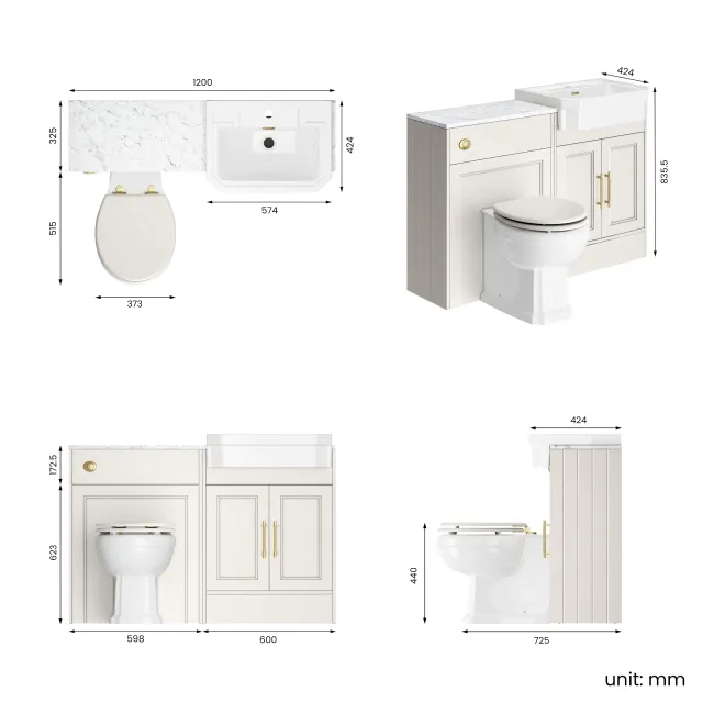 Monaco Cotton White Combination Vanity Traditional Basin with Marble Top & Hudson Toilet with Wooden Seat 1200mm - Brass Knurled Handles