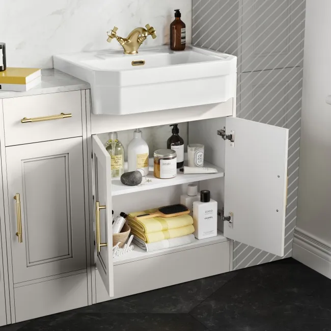 Monaco Cotton White Combination Vanity Traditional Basin with Marble Top 1500mm (Excludes Pan & Cistern) - Brass Knurled Handles