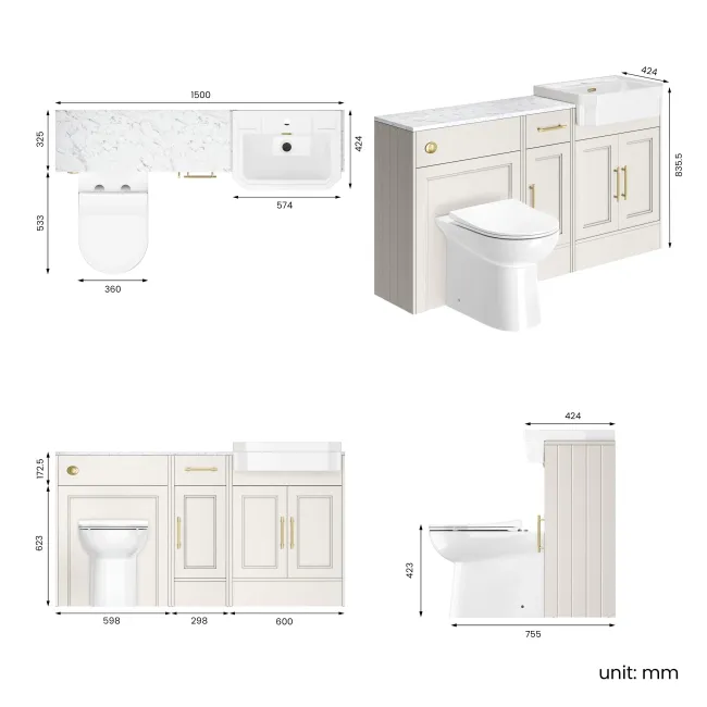 Monaco Cotton White Combination Vanity Traditional Basin with Marble Top and Aruba Toilet 1500mm - Brass Knurled Handles