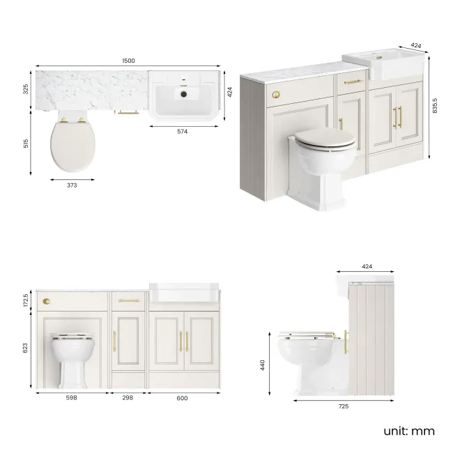 Monaco Cotton White Combination Vanity Traditional Basin with Marble Top & Hudson Toilet with Wooden Seat 1500mm - Brass Knurled Handles