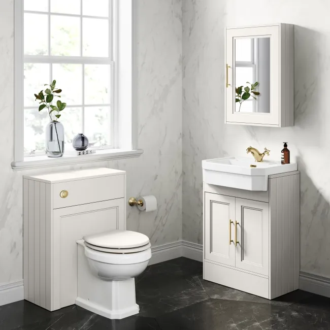 Cotton White Mirror Cabinet 700x500mm - Brass Knurled Handles