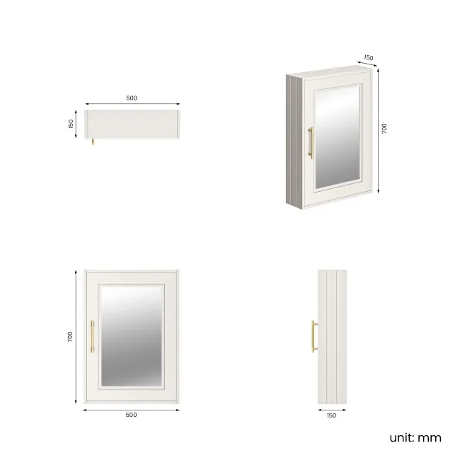 Cotton White Mirror Cabinet 700x500mm - Brass Knurled Handles