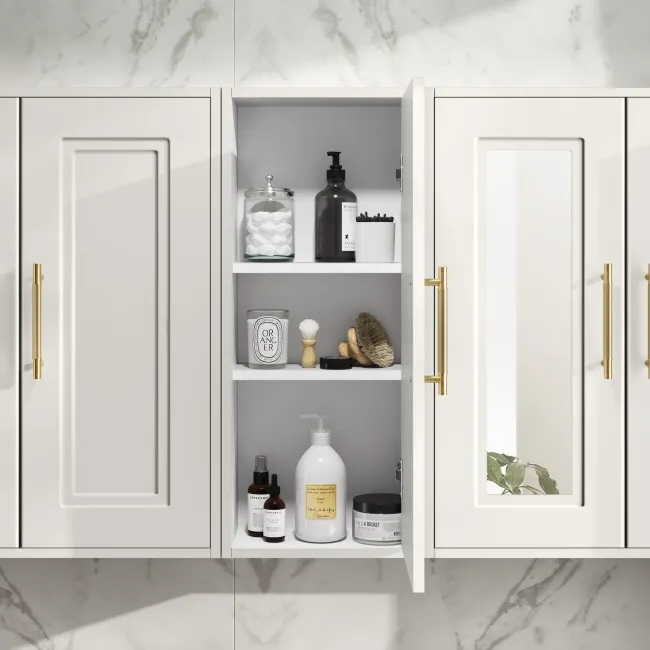 Cotton White Wall Hung Cabinet 700x300mm - Brass Knurled Handles
