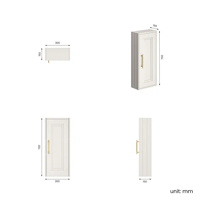 Cotton White Wall Hung Cabinet 700x300mm - Brass Knurled Handles