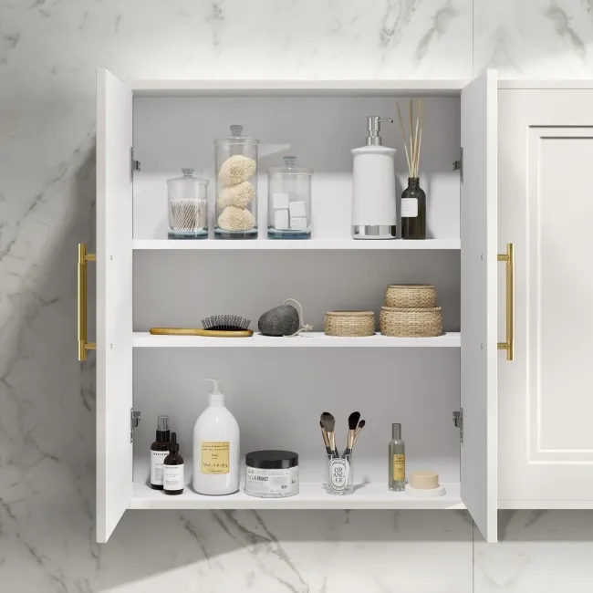 Cotton White Wall Hung Cabinet 700x600mm - Brass Knurled Handles