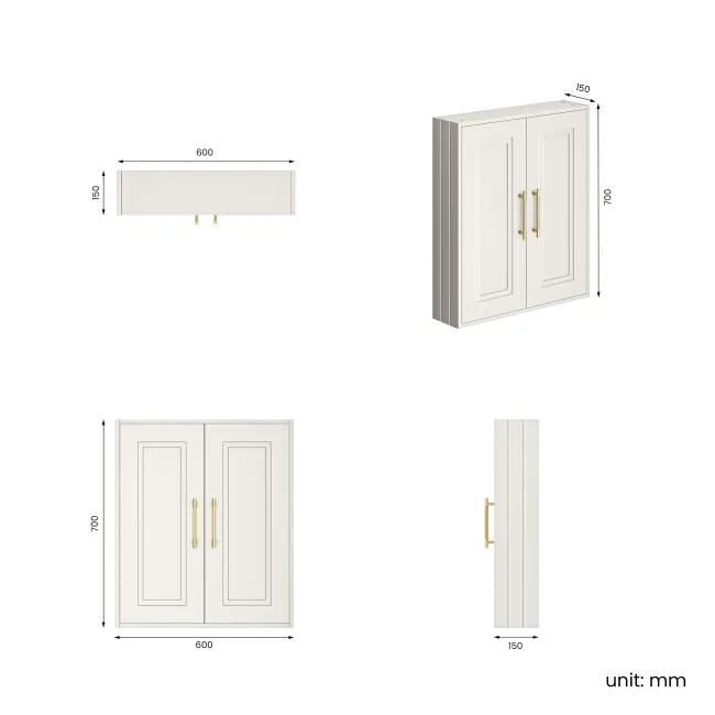 Cotton White Wall Hung Cabinet 700x600mm - Brass Knurled Handles