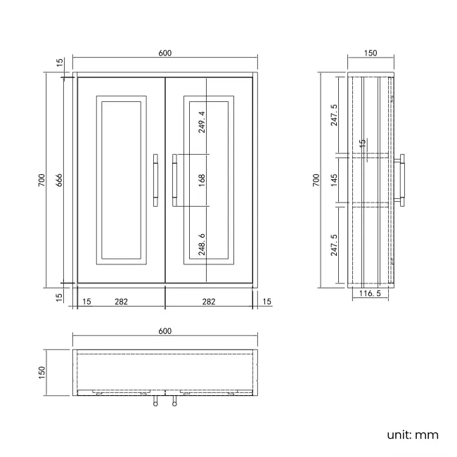 Cotton White Wall Hung Cabinet 700x600mm - Brass Knurled Handles
