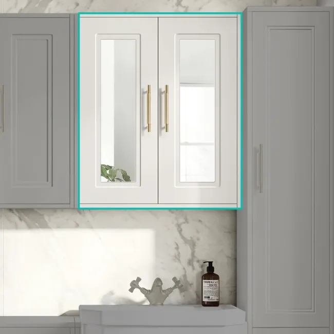 Cotton White Wall Hung Mirror Cabinet 700x600mm - Brass Knurled Handles