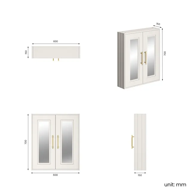 Cotton White Wall Hung Mirror Cabinet 700x600mm - Brass Knurled Handles