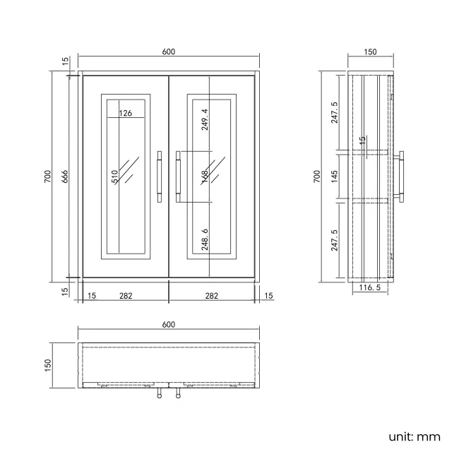 Cotton White Wall Hung Mirror Cabinet 700x600mm - Brass Knurled Handles