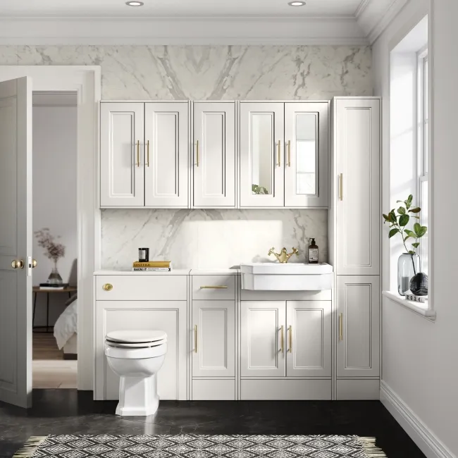 Monaco Cotton White Floor Standing Tall Cabinet Unit 300mm - Brass Knurled Handles