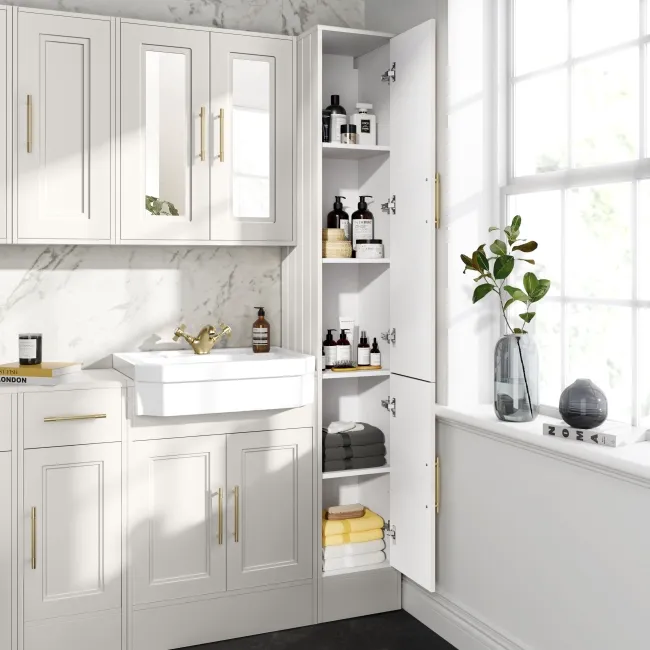 Monaco Cotton White Floor Standing Tall Cabinet Unit 300mm - Brass Knurled Handles