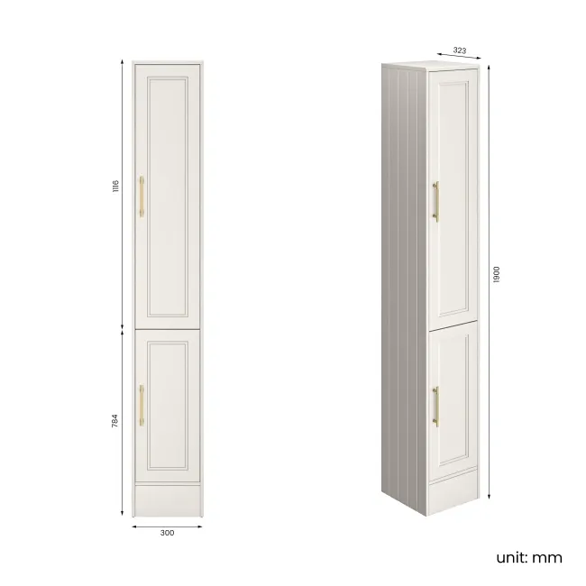 Monaco Cotton White Floor Standing Tall Cabinet Unit 300mm - Brass Knurled Handles