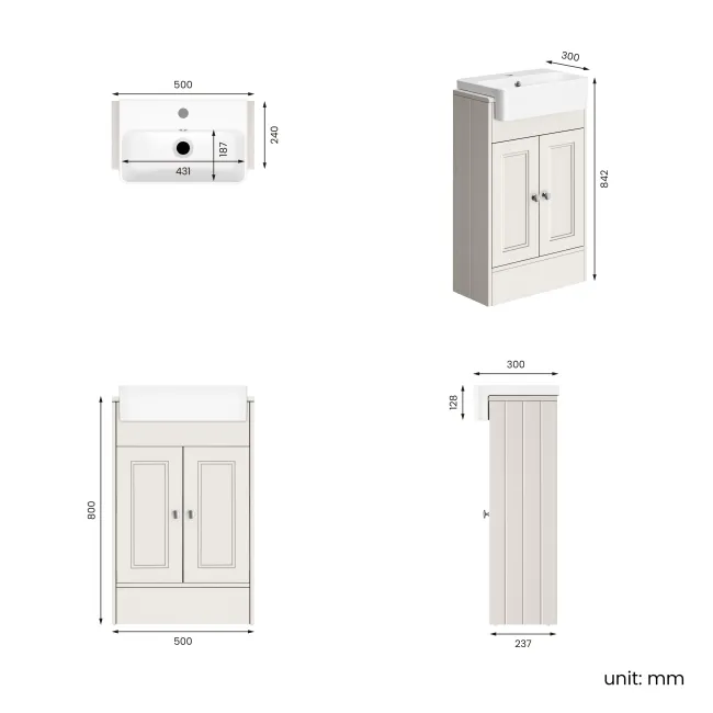 Monaco Cotton White Basin Vanity 500mm