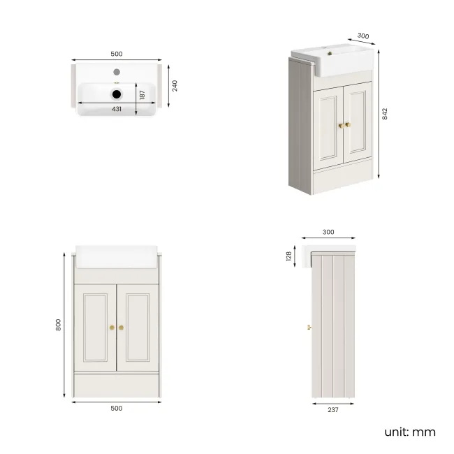 Monaco Cotton White Basin Vanity 500mm - Brushed Brass Accents