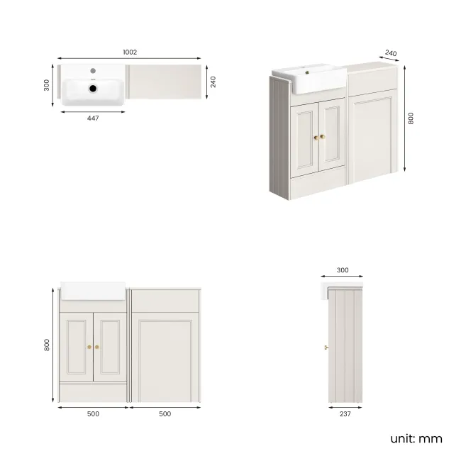 Monaco Cotton White Basin Vanity and Back To Wall Toilet Unit 1000mm (Excludes Pan & Cistern) - Brushed Brass Accents