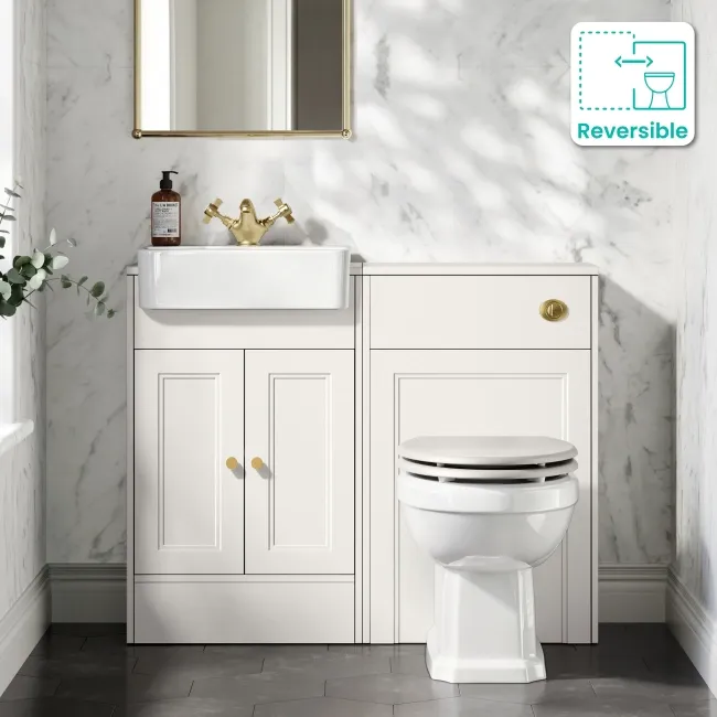 Monaco Cotton White Combination Vanity Basin and Hudson Toilet with Wooden Seat 1000mm - Brushed Brass Accents