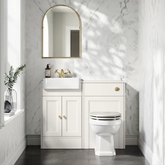 Monaco Cotton White Combination Vanity Basin and Hudson Toilet with Wooden Seat 1000mm - Brushed Brass Accents
