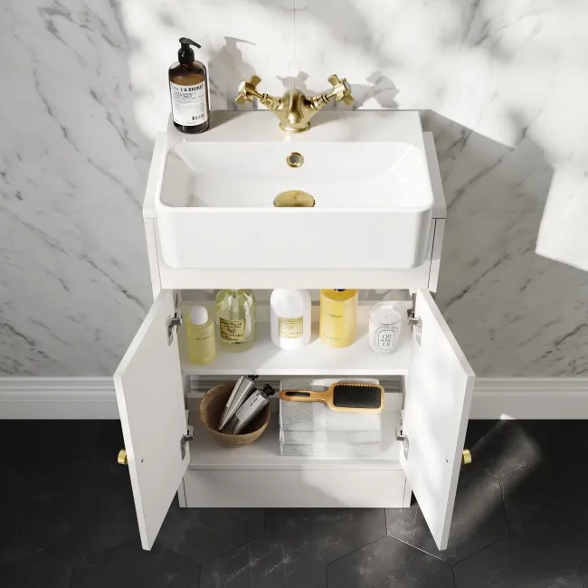Monaco Cotton White Combination Vanity Basin and Hudson Toilet with Wooden Seat 1000mm - Brushed Brass Accents