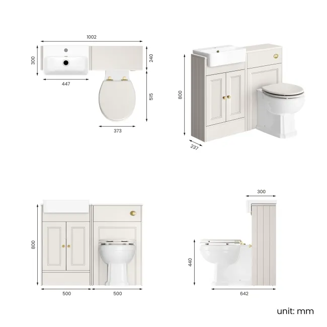 Monaco Cotton White Combination Vanity Basin and Hudson Toilet with Wooden Seat 1000mm - Brushed Brass Accents