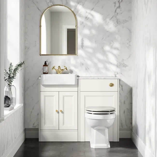 Monaco Cotton White Combination Vanity Basin with Marble Top 1000mm (Excludes Pan & Cistern) - Brushed Brass Accents