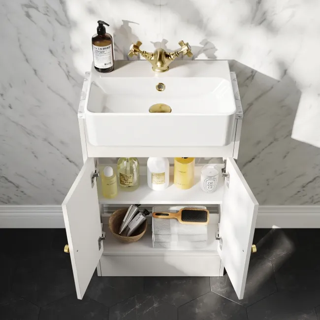 Monaco Cotton White Combination Vanity Basin with Marble Top 1000mm (Excludes Pan & Cistern) - Brushed Brass Accents