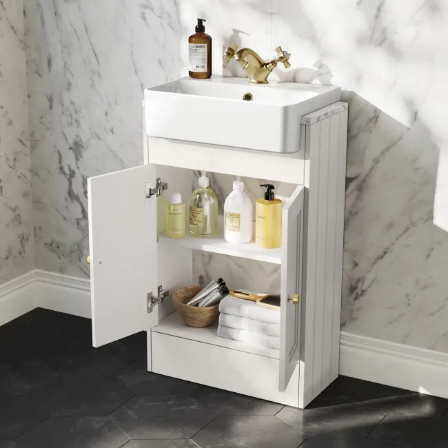 Monaco Cotton White Combination Vanity Basin with Marble Top & Hudson Toilet with Wooden Seat 1000mm - Brushed Brass Accents