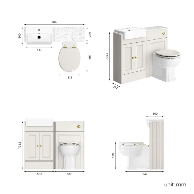 Monaco Cotton White Combination Vanity Basin with Marble Top & Hudson Toilet with Wooden Seat 1000mm - Brushed Brass Accents