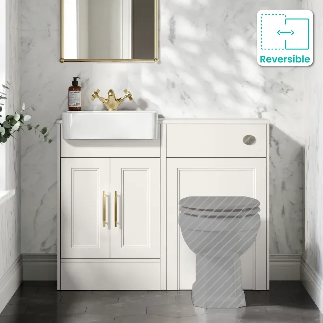 Monaco Cotton White Basin Vanity and Back To Wall Toilet Unit 1000mm (Excludes Pan & Cistern) - Brass Knurled Handles