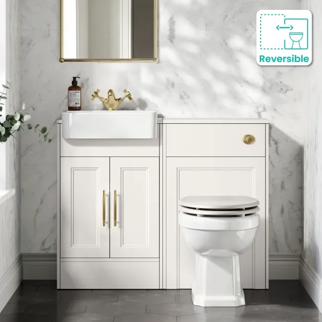 Monaco Cotton White Combination Vanity Basin and Hudson Toilet with Wooden Seat 1000mm - Brass Knurled Handles