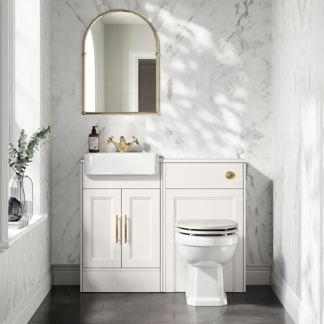 Monaco Cotton White Combination Vanity Basin and Hudson Toilet with Wooden Seat 1000mm - Brass Knurled Handles