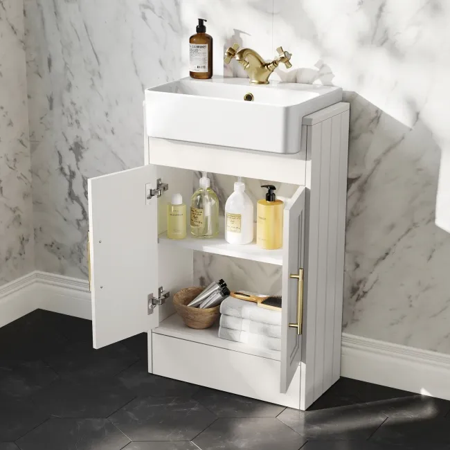 Monaco Cotton White Combination Vanity Basin and Hudson Toilet with Wooden Seat 1000mm - Brass Knurled Handles