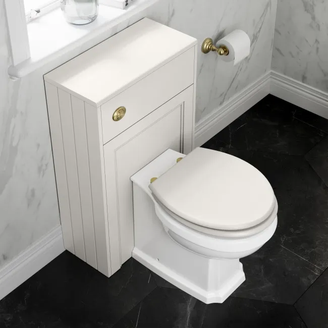 Monaco Cotton White Combination Vanity Basin and Hudson Toilet with Wooden Seat 1000mm - Brass Knurled Handles