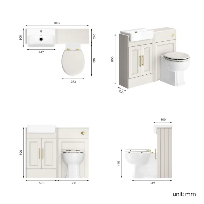 Monaco Cotton White Combination Vanity Basin and Hudson Toilet with Wooden Seat 1000mm - Brass Knurled Handles