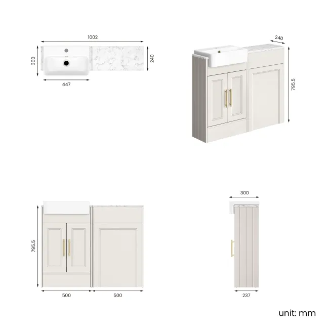 Monaco Cotton White Combination Vanity Basin with Marble Top 1000mm (Excludes Pan & Cistern) - Brass Knurled Handles