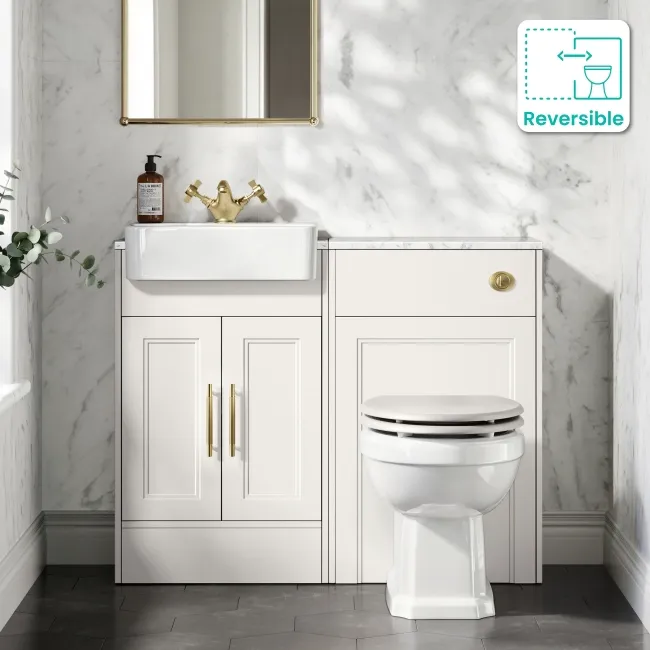 Monaco Cotton White Combination Vanity Basin with Marble Top & Hudson Toilet with Wooden Seat 1000mm - Brass Knurled Handles
