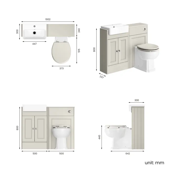 Monaco Linen White Combination Vanity Basin and Hudson Toilet with Wooden Seat 1000mm