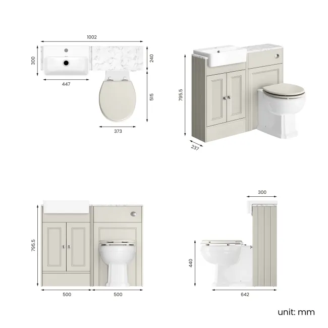 Monaco Linen White Combination Vanity Basin with Marble Top & Hudson Toilet with Wooden Seat 1000mm