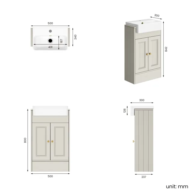 Monaco Linen White Basin Vanity 500mm - Brushed Brass Accents