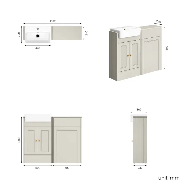 Monaco Linen White Basin Vanity and Back To Wall Toilet Unit 1000mm (Excludes Pan & Cistern) - Brushed Brass Accents