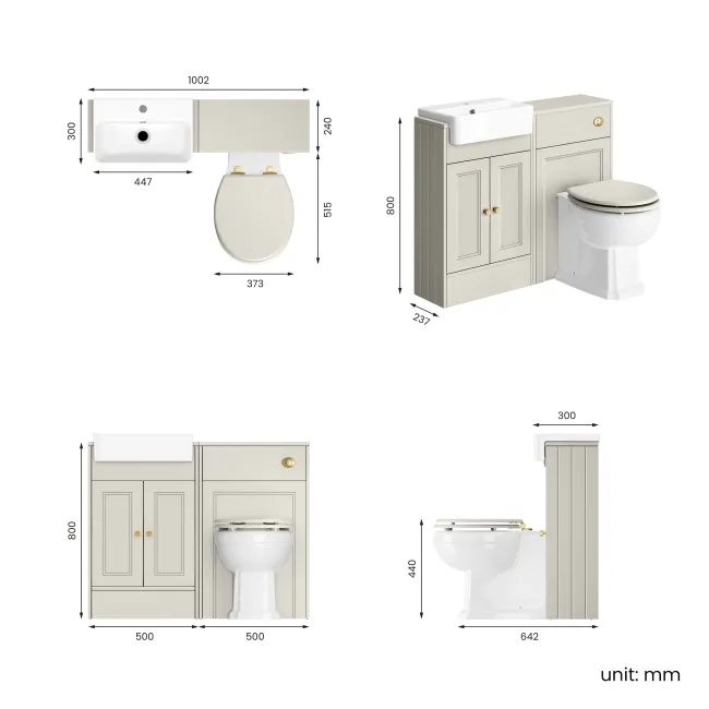 Monaco Linen White Combination Vanity Basin and Hudson Toilet with Wooden Seat 1000mm - Brushed Brass Accents