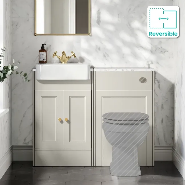 Monaco Linen White Combination Vanity Basin with Marble Top 1000mm (Excludes Pan & Cistern) - Brushed Brass Accents