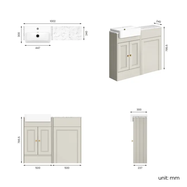 Monaco Linen White Combination Vanity Basin with Marble Top 1000mm (Excludes Pan & Cistern) - Brushed Brass Accents