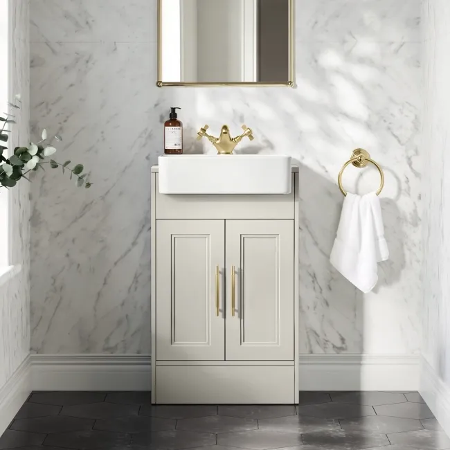 Monaco Linen White Basin Vanity 500mm - Brass Knurled Handles