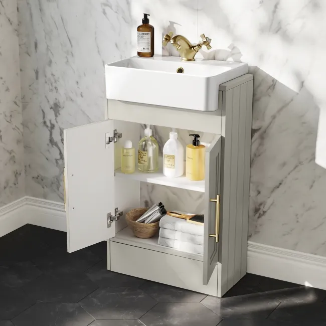 Monaco Linen White Basin Vanity 500mm - Brass Knurled Handles