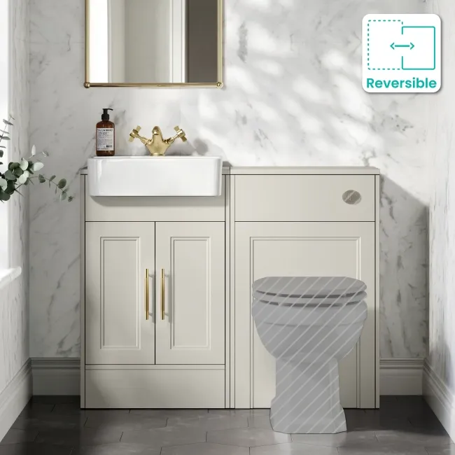 Monaco Linen White Basin Vanity and Back To Wall Toilet Unit 1000mm (Excludes Pan & Cistern) - Brass Knurled Handles