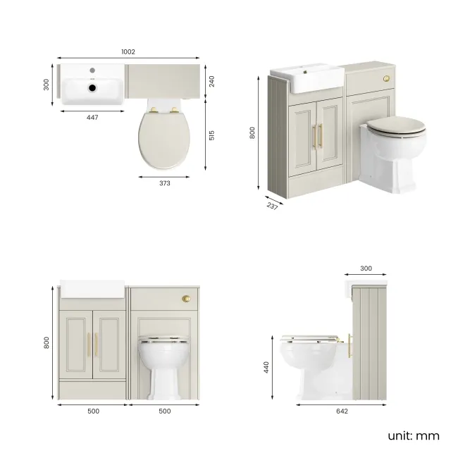 Monaco Linen White Combination Vanity Basin and Hudson Toilet with Wooden Seat 1000mm - Brass Knurled Handles