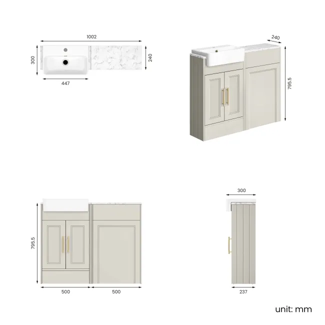 Monaco Linen White Combination Vanity Basin with Marble Top 1000mm (Excludes Pan & Cistern) - Brass Knurled Handles