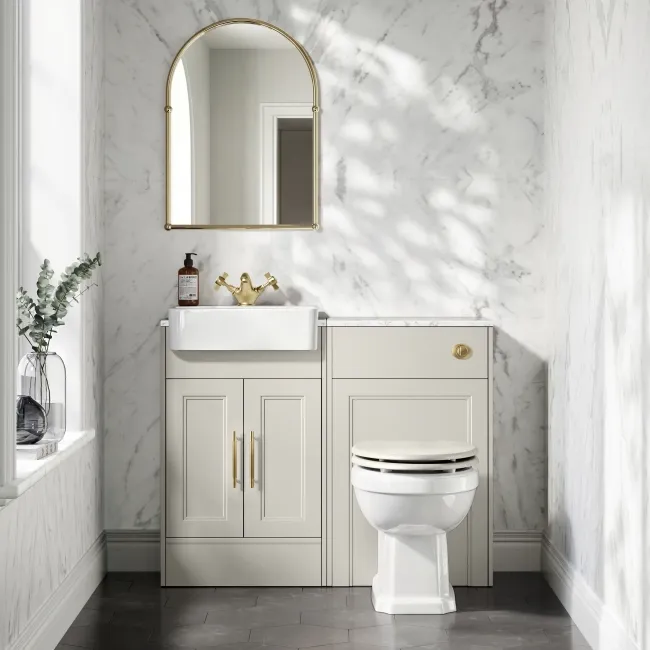 Monaco Linen White Combination Vanity Basin with Marble Top & Hudson Toilet with Wooden Seat 1000mm - Brass Knurled Handles